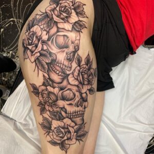 Skull and Roses Thigh Tattoo by Shady Sherfey