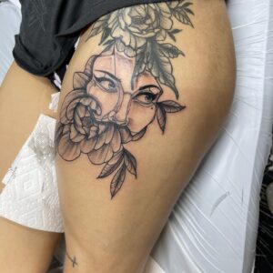 Black and Grey Thigh Tattoo by Shady Sherfey